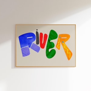 Río, arte de pared con nombre personalizado, tipografía personalizada colorida, decoración de habitación infantil, impresión del alfabeto moderno, obra de arte para guardería