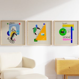 Set of 3 modern sea life prints, Inspirational ocean wall decor, Modern abstract sea turtle, Colorful geometric fish print, Coastal artwork