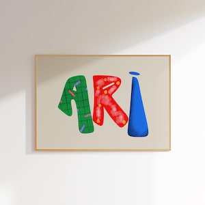 Ari, arte de pared con nombre personalizado, tipografía personalizada colorida, decoración de habitación infantil, impresión del alfabeto moderno, obra de arte para guardería