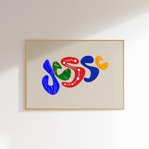 Jesse, arte de pared con nombre personalizado, tipografía personalizada colorida, decoración de habitación infantil, impresión del alfabeto moderno, obra de arte para guardería