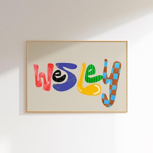 Wesley, Arte de parede com nome personalizado, Tipografia colorida personalizada, Decoração de quarto infantil, Impressão de alfabeto moderno, Arte de berçário