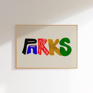 Parques, Arte de parede com nome personalizado, Tipografia colorida personalizada, Decoração de quarto infantil, Impressão de alfabeto moderno, Arte de berçário