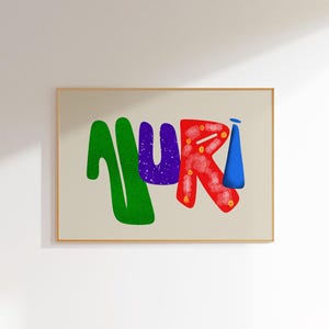 Nuri, Arte de parede com nome personalizado, Tipografia colorida personalizada, Decoração de quarto infantil, Impressão de alfabeto moderno, Arte para berçário