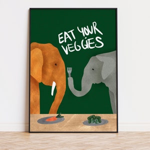 Vegetable Print- Eat Your Veggies- Foodie Poster, Kitchen Art, Elephants, Humor, Kitchen decor, Quirky Children's Art, Food, Foodie Gift