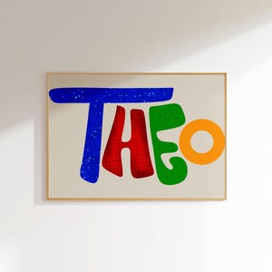 Theo, arte de pared con nombre personalizado, tipografía personalizada colorida, decoración de habitación infantil, impresión del alfabeto moderno, obra de arte para guardería
