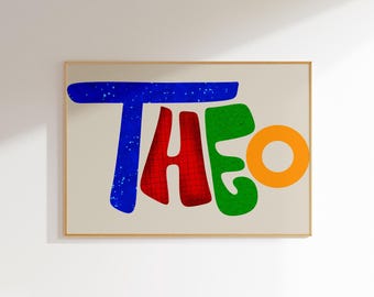 Theo, Personalized Name Wall Art, Colorful Custom Typography, Kids Room Decor, Modern Alphabet Print, Nursery Artwork