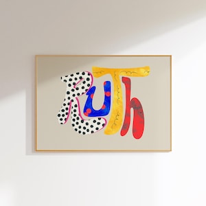 Ruth, Arte de parede com nome personalizado, Tipografia colorida personalizada, Decoração de quarto infantil, Impressão de alfabeto moderno, Arte de berçário