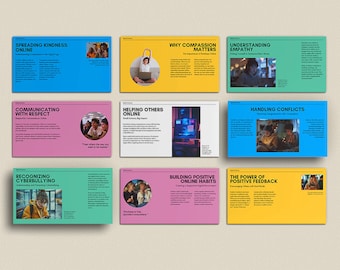 May include: A grid of nine colorful cards with text and images. Topics include spreading kindness online, why compassion matters, understanding empathy, communicating with respect, helping others online, handling conflicts, recognizing cyberbullying, building positive online habits, and the power of positive feedback.