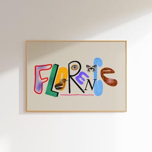 Florence, Arte de parede com nome personalizado, Tipografia colorida personalizada, Decoração de quarto infantil, Impressão de alfabeto moderno, Arte de berçário