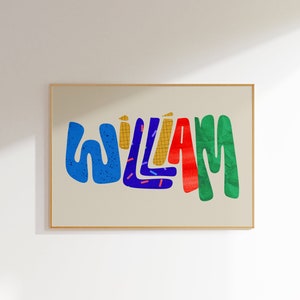 William, Arte de parede com nome personalizado, Tipografia colorida personalizada, Decoração de quarto infantil, Impressão de alfabeto moderno, Arte de berçário