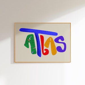Atlas, Arte de parede com nome personalizado, Tipografia colorida personalizada, Decoração de quarto infantil, Impressão de alfabeto moderno, Arte de berçário