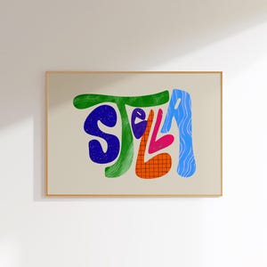 Stella, Arte de parede com nome personalizado, Tipografia colorida personalizada, Decoração de quarto infantil, Impressão de alfabeto moderno, Arte de berçário