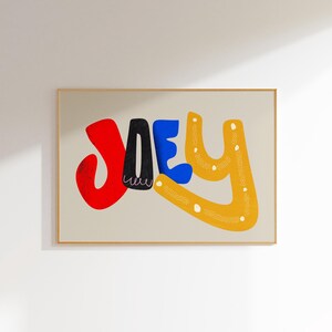 Joey, Arte mural con nombre personalizado, Decoración colorida para habitación infantil, Lámina personalizada para habitación infantil, Póster con alfabeto divertido, Obra de arte infantil única