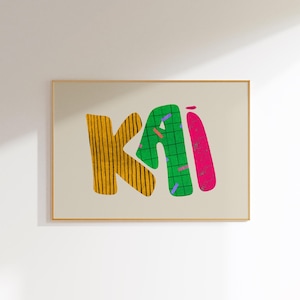 Kai, Arte de parede com nome personalizado, Tipografia colorida personalizada, Decoração de quarto infantil, Impressão de alfabeto moderno, Arte de berçário