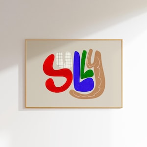 Peut inclure: Impression d'art abstrait avec le mot "SLY" en formes vives. Les lettres sont rouges, bleues, vertes et beiges, avec un "U" blanc et gris à carreaux. L'œuvre est encadrée dans un cadre fin et brun clair.