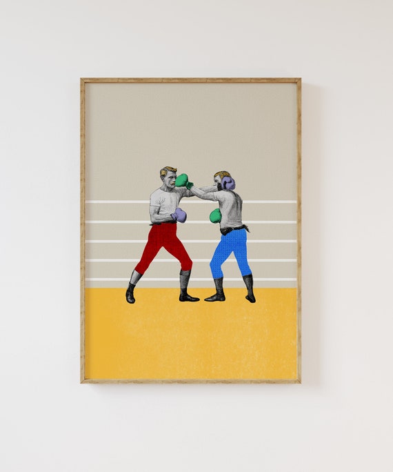 Vintage Boxing Art Print, Retro Boxer Poster, Antique Sports Illustration, 1890s Fight Club Poster, Playful Collage Art