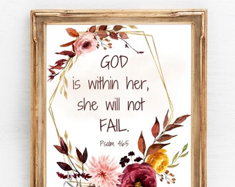 God is within her, she will not fail, Psalm 46:5, Inspirational bible verse/scripture. Digital download, Wall art, Home decor