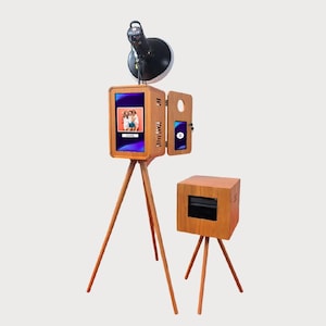 Wooden Photo Booth DSLR iPad with Double Screen, Portable Event Photo Booth with Touchscreen, Rustic Selfie Station for Weddings & Parties