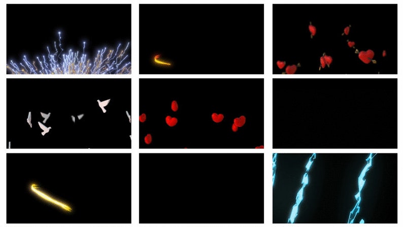 May include: A collection of animated effects, including fireworks, hearts, doves, and lightning bolts, all on a black background.