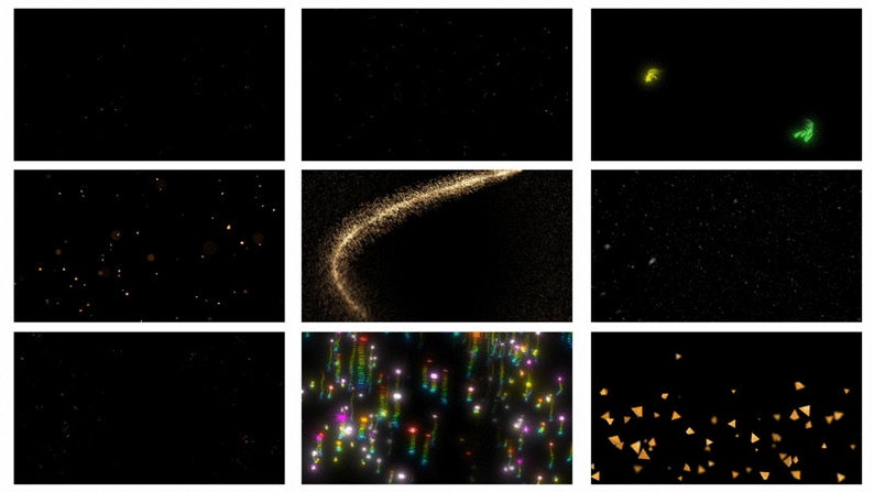 May include: A collection of nine different animated backgrounds featuring various colours and shapes of sparkling lights and glitter. The backgrounds are all black with different coloured lights and glitter.