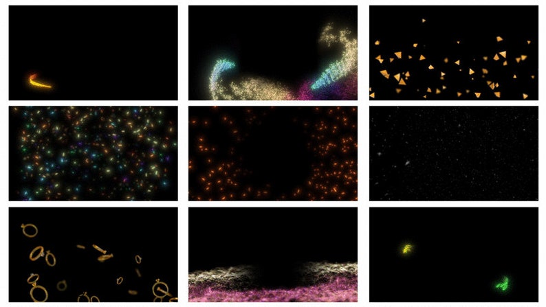 May include: A collection of 12 different animated glitter effects, including swirling, sparkling, and falling glitter. The effects are in various colours, including gold, silver, blue, green, and red.