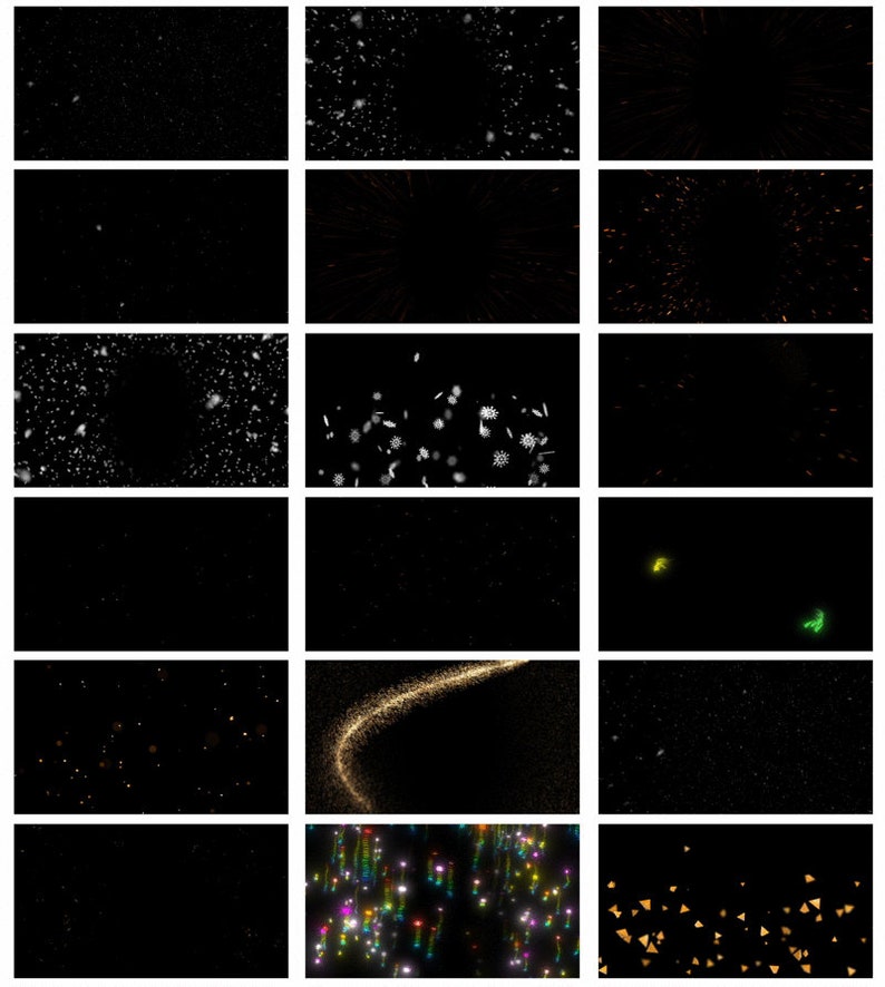 May include: A collection of 18 different animated overlays featuring various effects such as snow, sparkles, and light trails. These overlays can be used for video editing, graphic design, or creating festive backgrounds.
