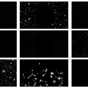 May include: A collection of nine black and white images featuring various abstract patterns of white dots, lines, and shapes against a black background. The patterns are reminiscent of snow, fireworks, or stars.