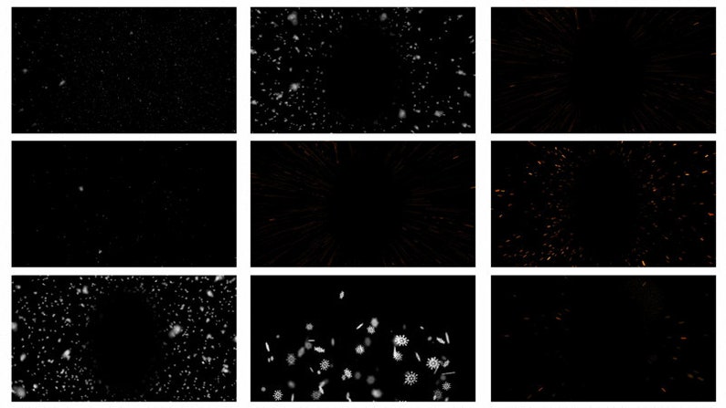 May include: A collection of nine black and white images featuring various abstract patterns of white dots, lines, and shapes against a black background. The patterns are reminiscent of snow, fireworks, or stars.
