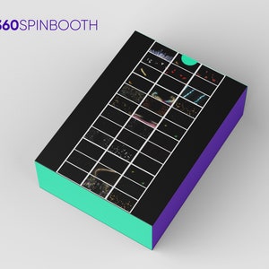 May include: A black box with a purple and teal border. The box has a grid of 24 small images of different animated effects. The text "360SPINBOOTH" is on the top of the box.