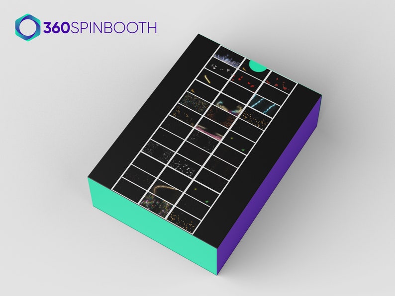 May include: A black box with a purple and teal border. The box has a grid of 24 small images of different animated effects. The text "360SPINBOOTH" is on the top of the box.