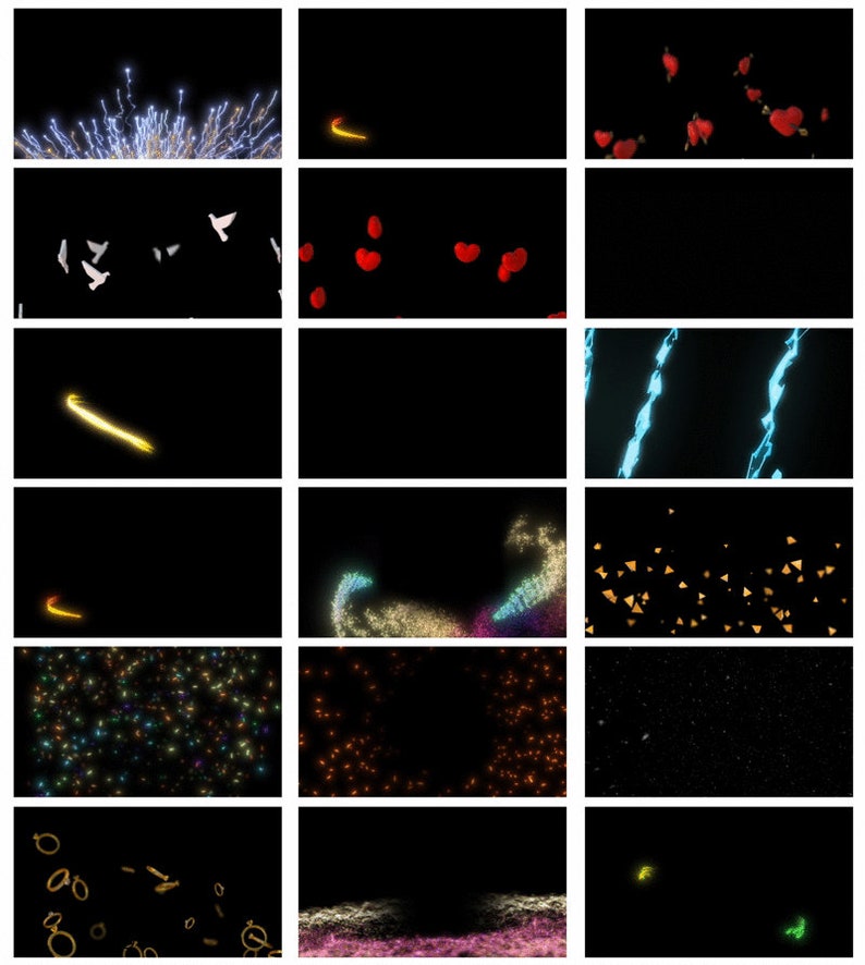 May include: A collection of animated effects for video editing, including fireworks, hearts, stars, and other shapes. These effects are ideal for adding a touch of magic to your videos.
