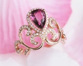 Rhodolite Garnet Ring Pear Shape Garnet Crown Ring 14K Rose Gold Ring Simulated Diamond Filigree Ring Women Bridal Wedding Ring in Rose Gold