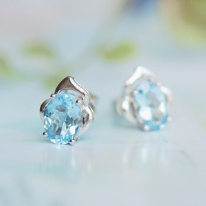 Blue Topaz Stud Earrings ,925 Silver Oval Topaz Floral Stud Earrings, Daily Worn Classic Topaz Stud Earrings, Women Dainty Ceremony Gifted.