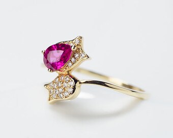 Natural Ruby Diamond Rose Leaf Ring 14K Gold Lilly floral Wedding Promise Ring Women Dainty Valentine Proposal, Ceremony Gifted Flower Ring.