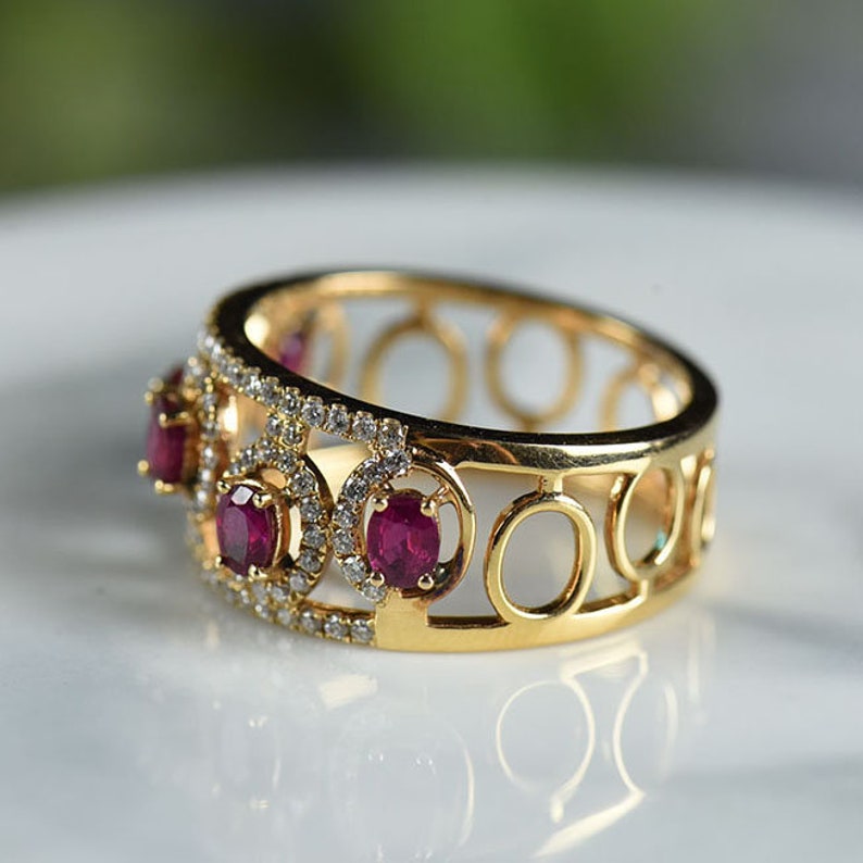Natural Ruby Diamond Bridal Wedding Band 14K Gold Ruby Diamond Halo Cluster Band Women Dainty Anniversary Gifted Band Mother's Gifted Band. image 3
