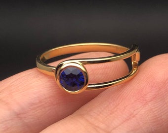 Blue Sapphire Unique Engagement Ring Bezel Set Sapphire Women Proposal Ring 14K Gold Sapphire Solitaire Promise Ring Women Gifted Sapphire.