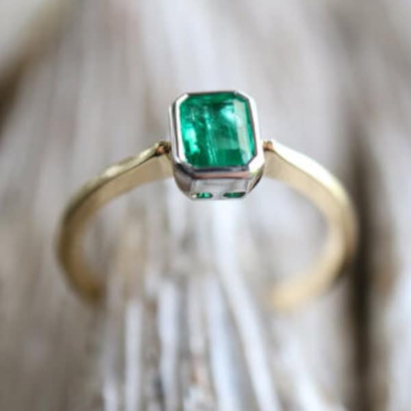 7x5mm Natural Emerald Engagement Ring 14K Two-Tone Gold Bezel Set Emerald Proposal Ring, Unique Style Emerald Proposal, May Birthstone Gift.