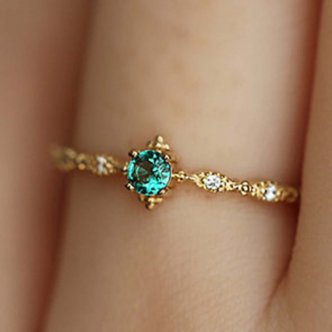 Lab Created Emerald Ring Vintage Minimalist Emerald Engagement Etsy