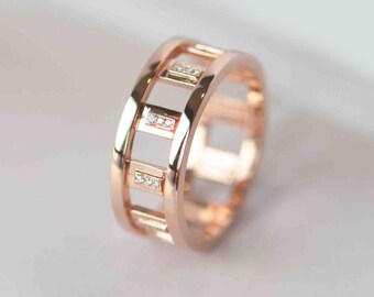 0.15Ct Natural Diamond Bar Wedding Band 14K Rose Gold Infinity Diamond Wedding Band Valentine Gifted Diamond Eternity, 14K Wide Diamond Band