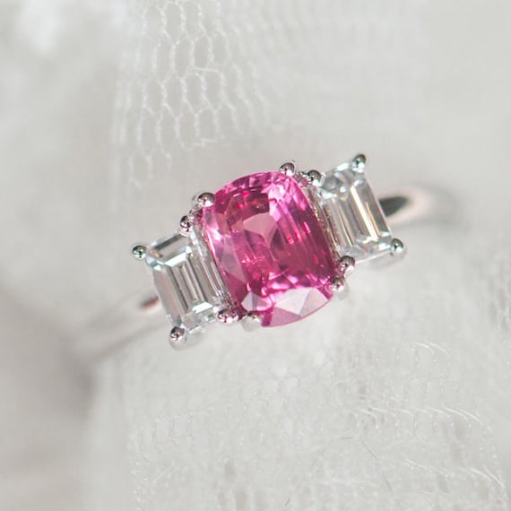 Natural Pink Sapphire White Sapphire Trilogy Engagement Ring 14K
