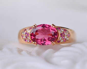 2,50 karat rosa turmalin solitär vigselring för brud, unik förlovningsring med spridda turmalindiamanter, 14 karat roséguld, bästa alla hjärtans dag-ring