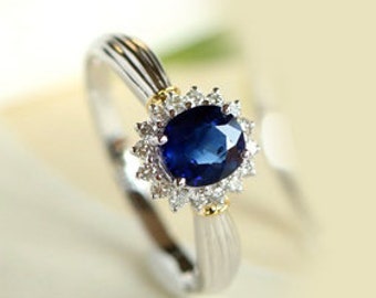 Natural Blue Sapphire Ring Art Deco Sapphire Engagement Ring 14K Oval Shape Engagement Ring Diamond Halo Vintage Sapphire Anniversary Ring.