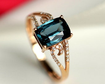 2.00 Carat London Blue Topaz Ring Cushion Topaz Solitaire Engagement Ring 14K Gold London Topaz Bridal Ring Topaz Cocktail Anniversary Ring.