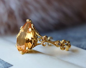 Natural Citrine Diamond Antique Cocktail Ring 14K Gold Pear Shape Citrine Vintage Ceremony Ring Vintage Filigree Style Bold Wedding 14K Ring