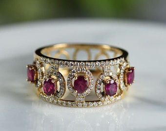 Natuurlijke robijnrode diamant bruids trouwring 14K gouden robijnrode halo clusterband vrouwen sierlijke verjaardag begaafde band begaafde moederband.
