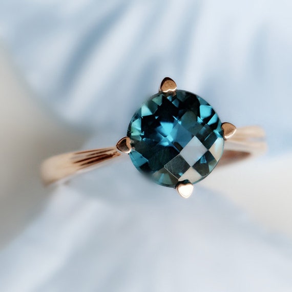 London Blue Topaz Ring 3.20 Carat Checker Cut Topaz Engagement
