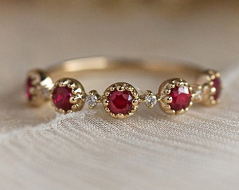 Natürlicher Rubin, Diamant Alternative Ehering 14K Gold Art-Deco-Rubin Eternity Band, runder Rubin Täglicher Wurm Valentinstag Vorschlag Vintage Band.