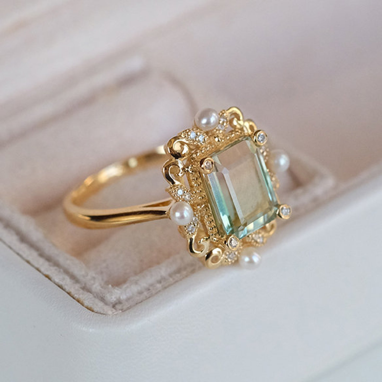 Art Deco Natural Lab Bio-tourmaline Wedding Ring 14K Emerald Cut Art Deco Natural Lab Bio-tourmaline Wedding Ring 14K Emerald Cut