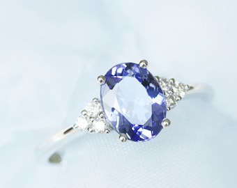 Tanzanite Diamond Classic Engagement Ring 14K White Gold December Birthstone Wedding Ceremony Ring Women Dainty Tanzanite Valentine Gifted.