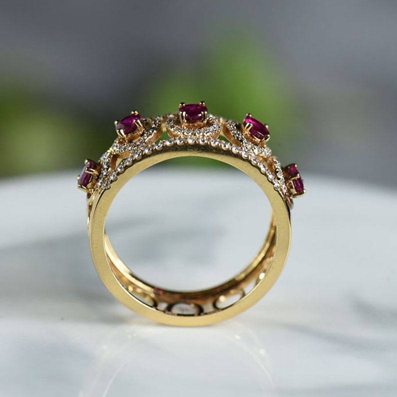 Natural Ruby Diamond Bridal Wedding Band 14K Gold Ruby Diamond Halo Cluster Band Women Dainty Anniversary Gifted Band Mother's Gifted Band. image 4